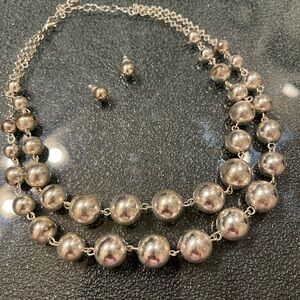 Silver Toned Beaded Necklace w/ Matching Earrings